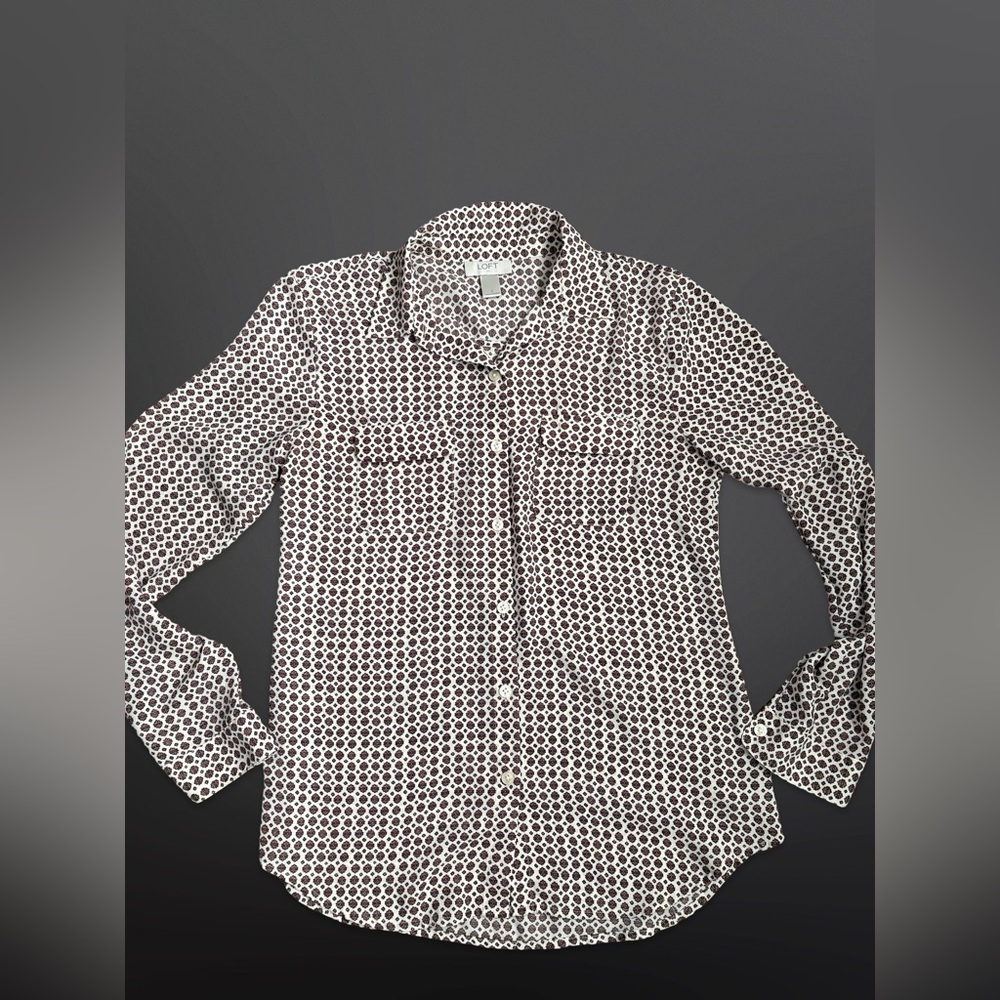 LOFT Woman’s Button Down Shirt with Orange, Black flower and White background S